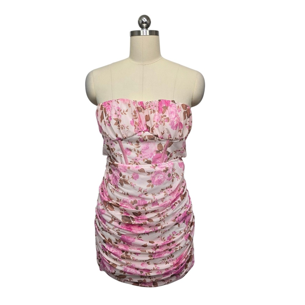 Hello Molly Pink Floral Ruched Corset Strapless Mini Dress Women's Size Large